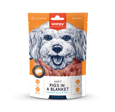 Wanpy Pigs - лакомства за кучета, сармички с пилешко, патешко и свинско, 100 г