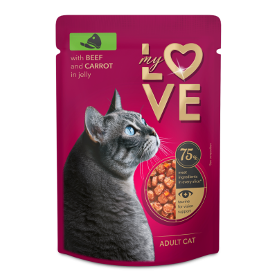 MY LOVE POUCH WITH VEAL AND VEGETABLE IN JELLY 0.085 – Пауч за котки телешко и моркови в желе