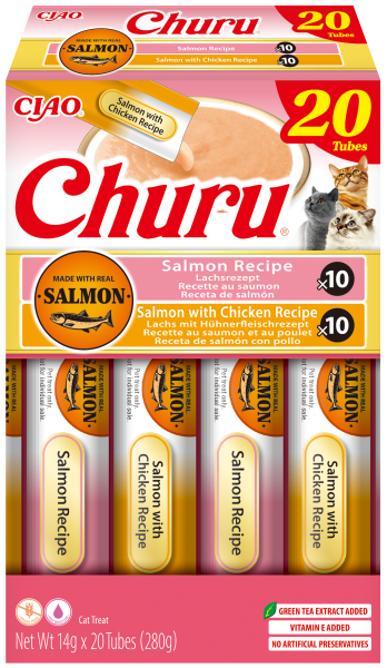 INABA Churu Salmon & Chicken Variety – кремообразни лакомства за котки със сьомга и пиле 20 x 14гр