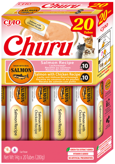 INABA Churu Salmon & Chicken Variety – кремообразни лакомства за котки със сьомга и пиле 20 x 14гр
