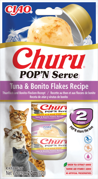 Inaba Churu POP’N SERVE Tuna & Bonito Flakes Recipe – меко желе лакомство за котки с риба тон и люспи от паламуд 2 x 35гр