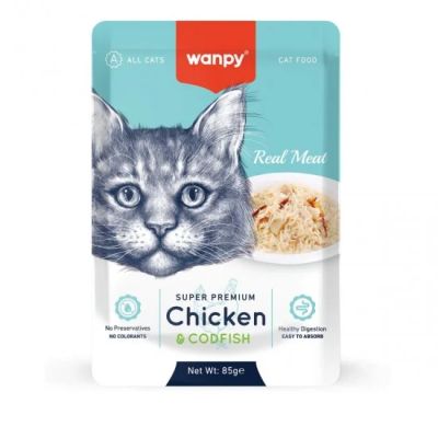 Wanpy Cat пауч 85гр с пилешко и треска в апетитно желе